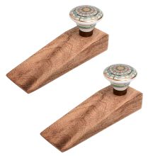 2 Pieces Emerald Hue Golden Pattern Ceramic Wooden Door Stopper